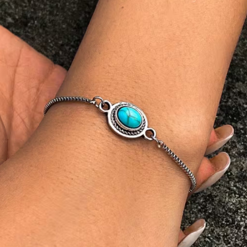 925 Sterling Silver Adjustable Turquoise Gemstone Chain Bracelet Ladies Jewelry